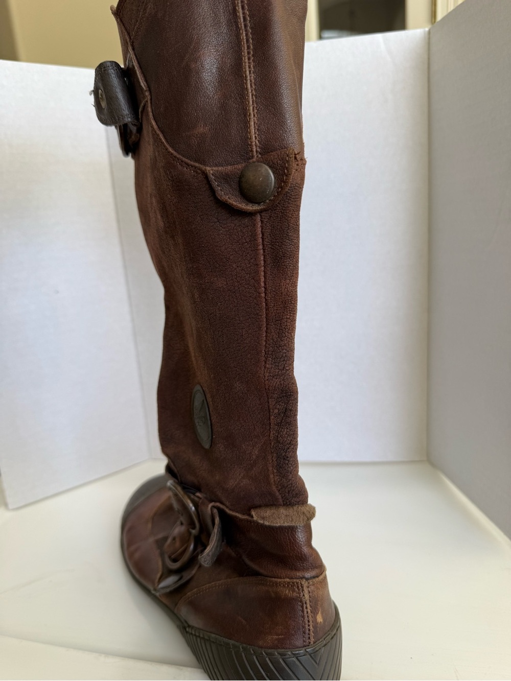 Leather Pataugas Brand Brown and Black Leather Knee-High Zip Up Flat Boots - Picture 3 of 10